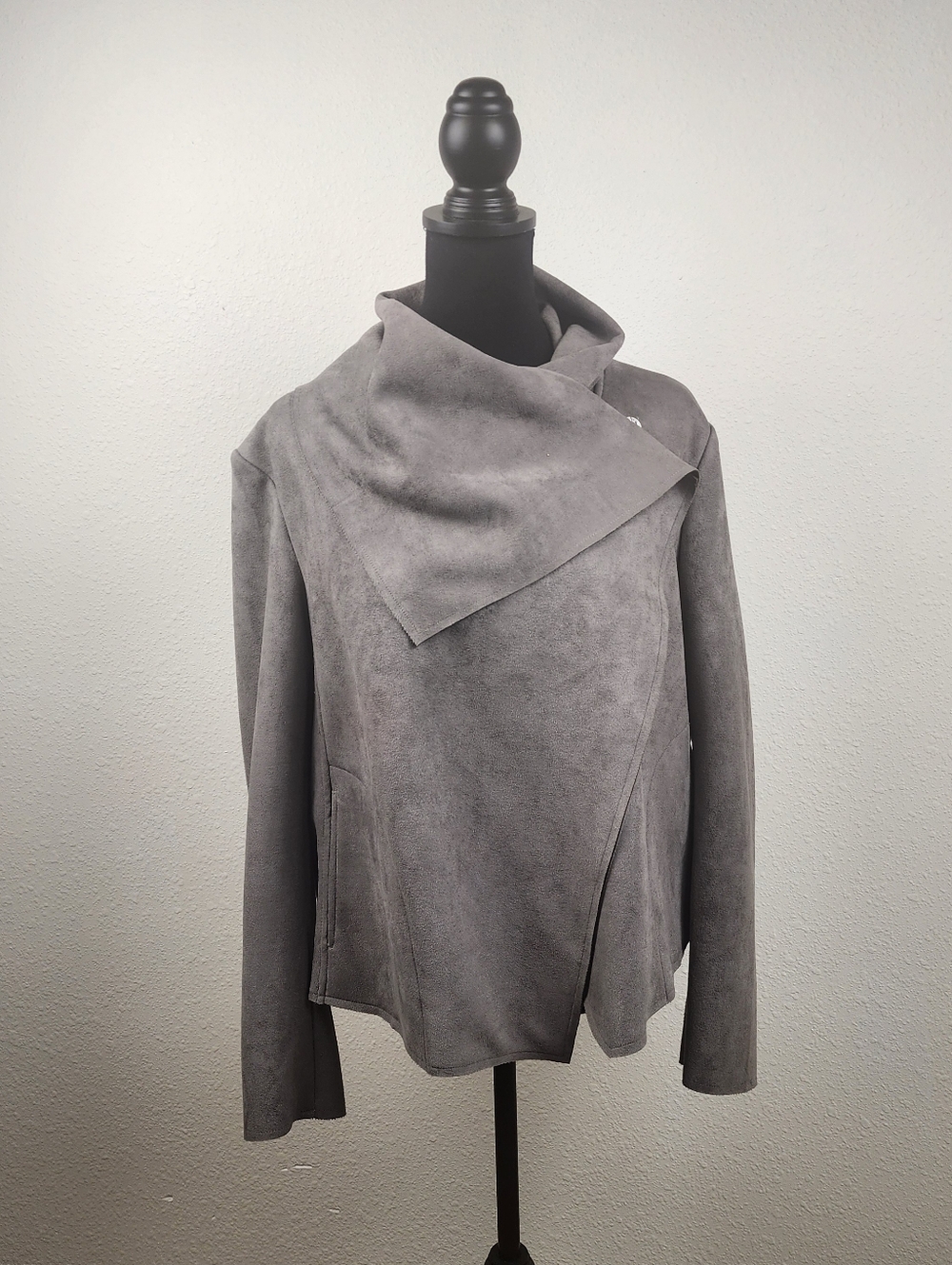 Anne Klein Faux Suede Draped Open Front Jacket XL Gray Waterfall Collar Neutral